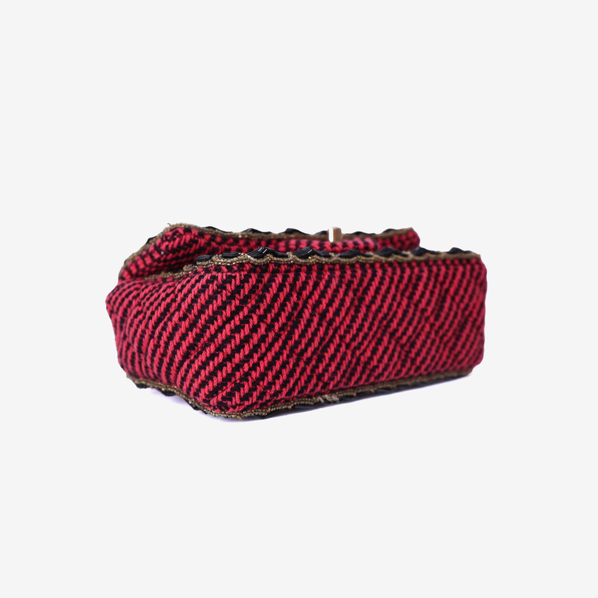 Chanel Classic Single Flap Mini Bag in Multicolour Braided Quilted Wool and Beaded Trim with Gold Hardware bottom side view