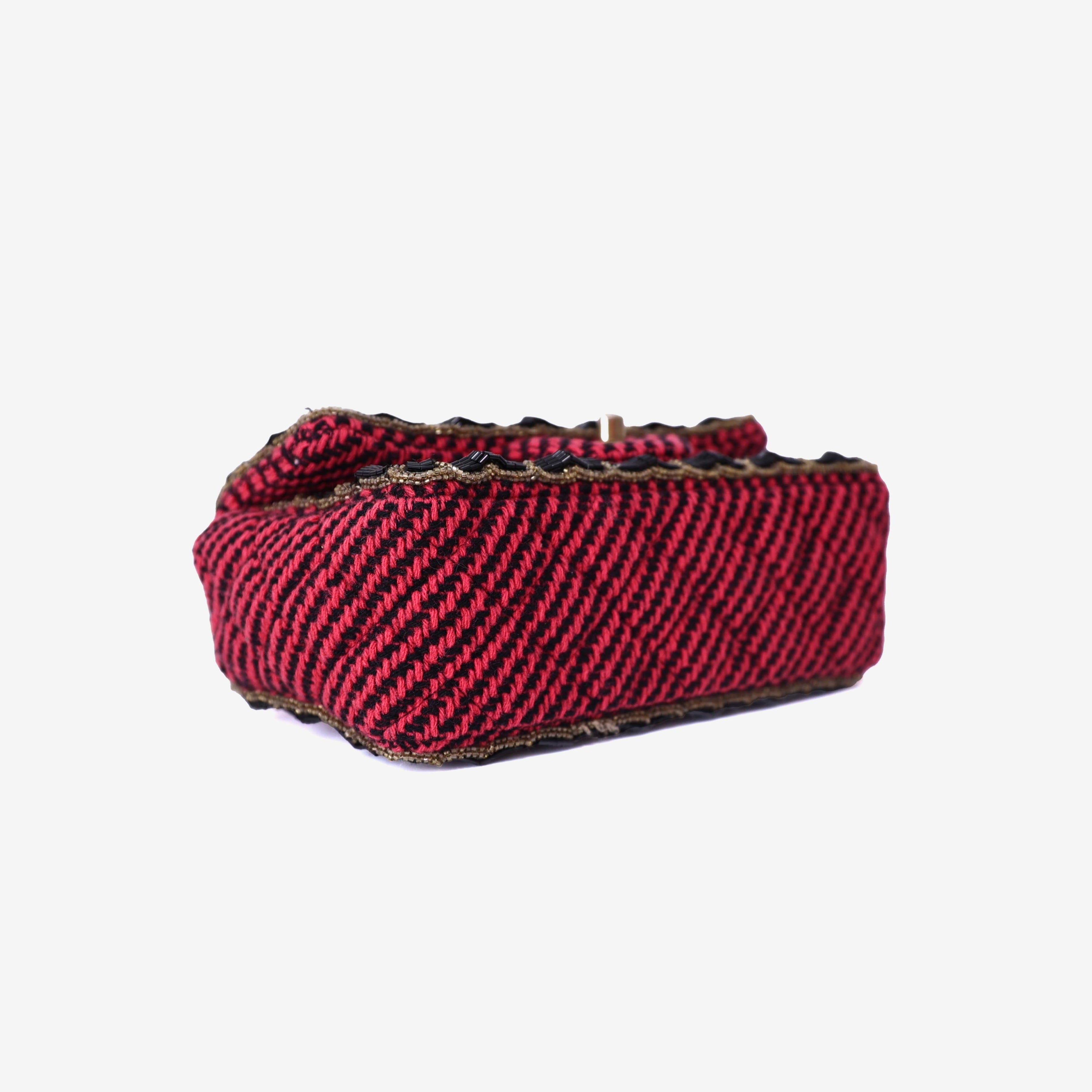 Chanel Classic Single Flap Mini Bag in Multicolour Braided Quilted Wool and Beaded Trim with Gold Hardware bottom side view
