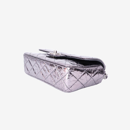 Chanel Mini Ring Handle Flap Bag in Silver Metallic Calfskin Leather with Silver Hardware