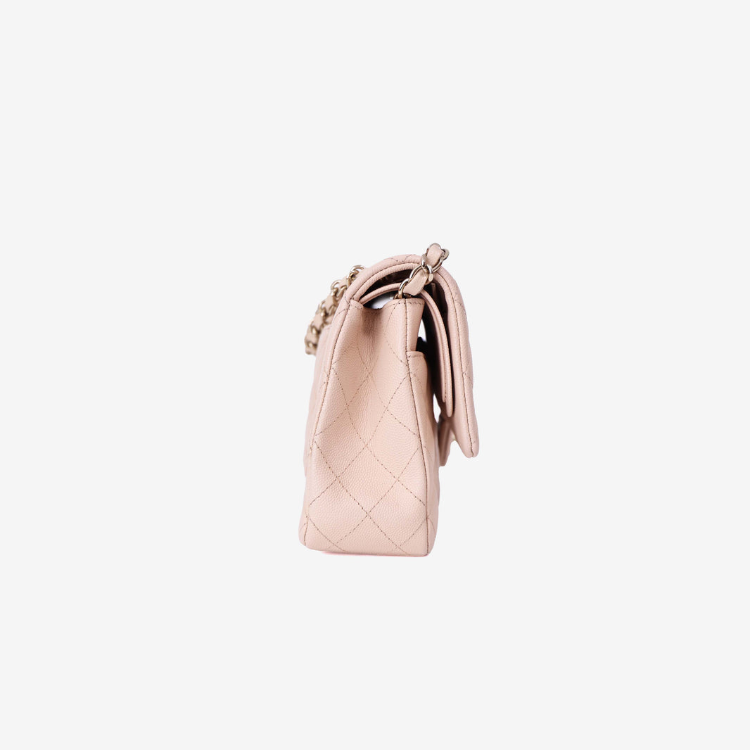 Chanel Classic Double Flap Medium Bag in Beige Clair Caviar Leather with Gold Hardware side view