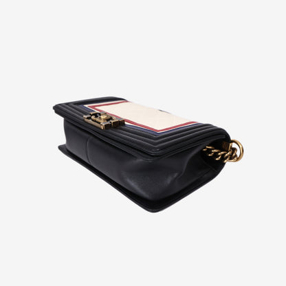 Chanel Boy Bag in White Black and Blue Lambskin Leather with Gold Hardware