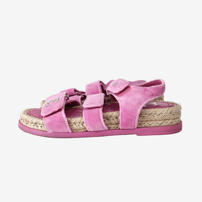 Chanel Pink Velvet Dad Sandals with Jute/Raffia Midsole (EU 36)
