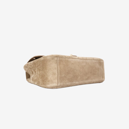 Chanel 26S Maxi Flap Bag in Dark Beige Suede Calfskin Leather with Gold Hardware bottom side view
