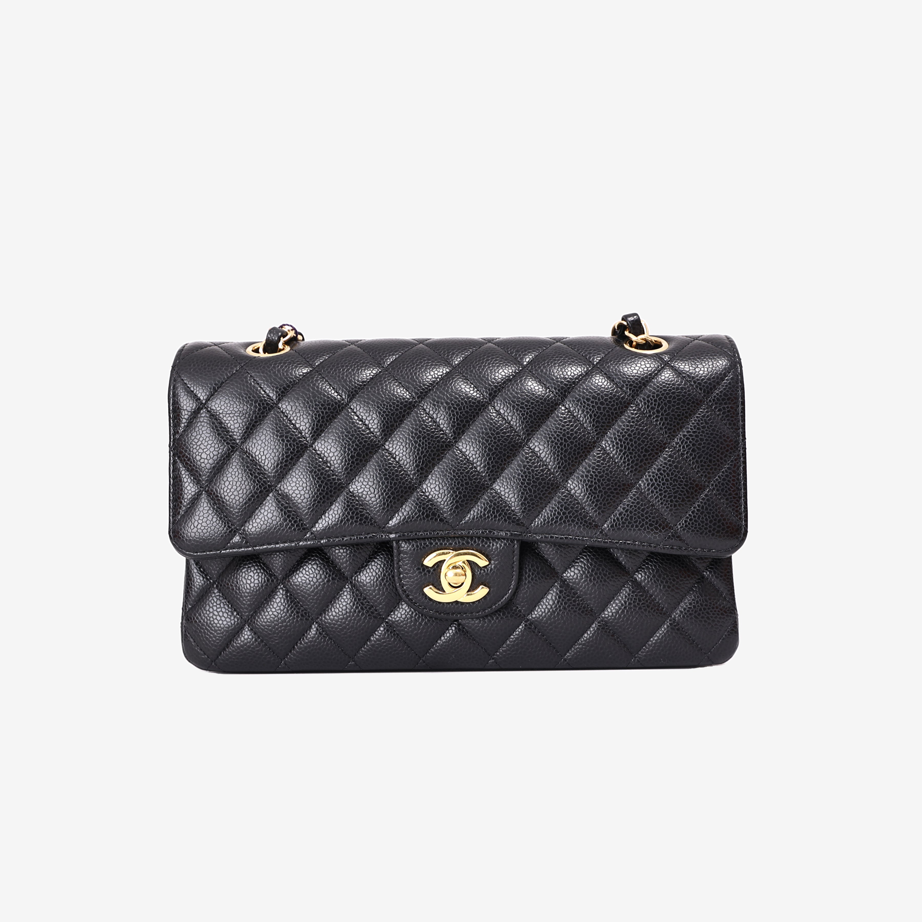 Chanel Classic Double Flap Small in Black Caviar Leather with Gold Hardware front view