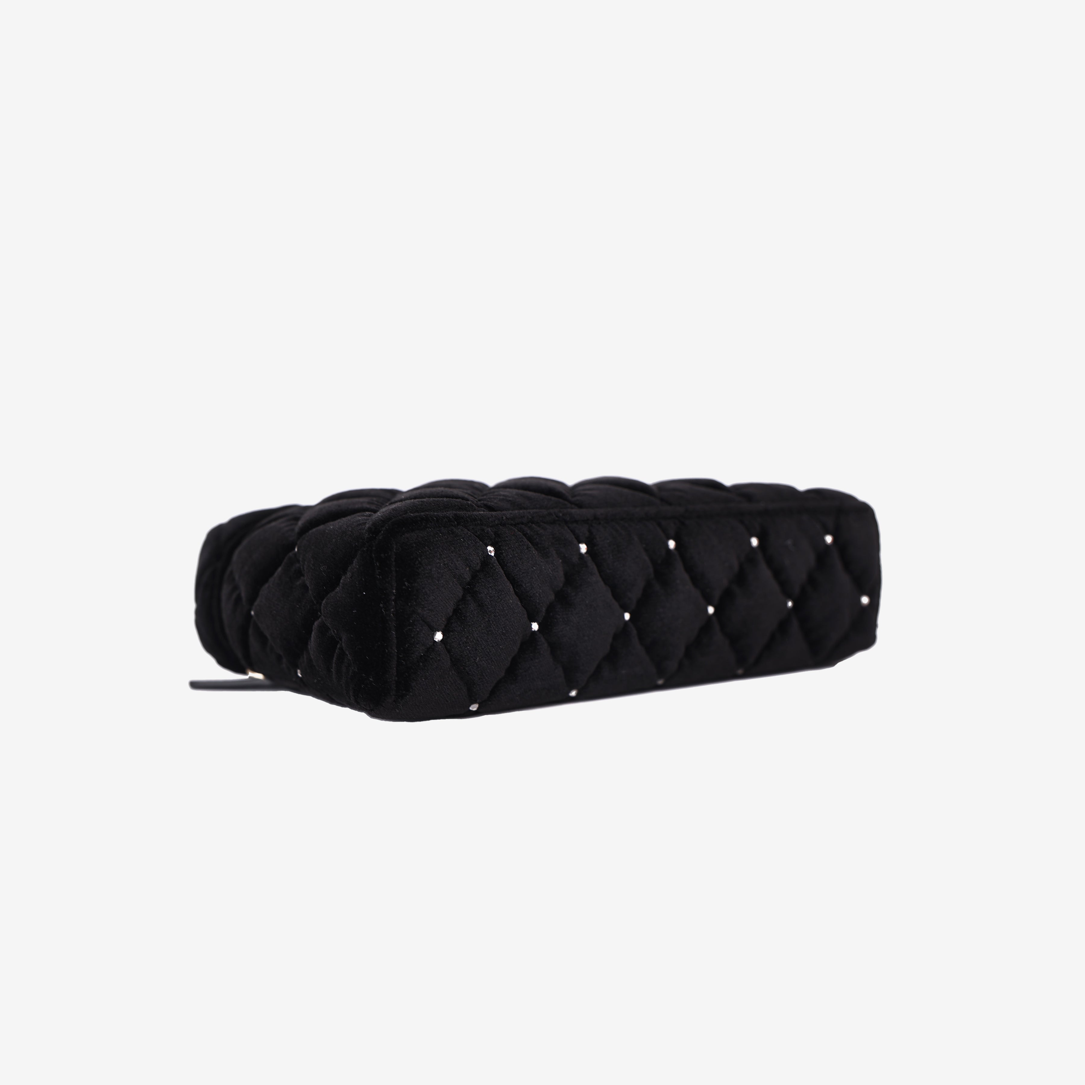 Chanel Velvet Diamanté Quilted Top Handle Vanity Case in Black with Gold Hardware bottom side view