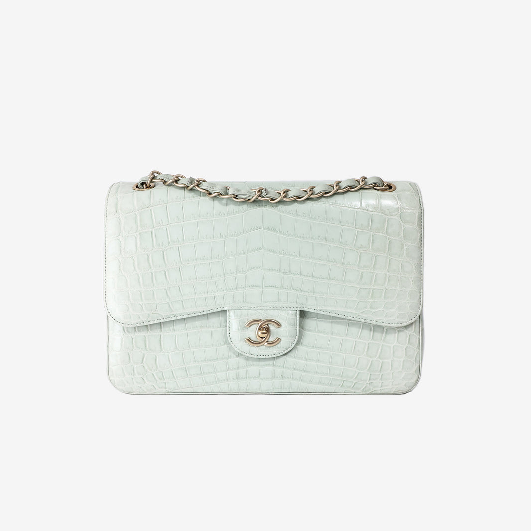 Chanel Classic Jumbo Double Flap Bag in Matte Light Green Alligator Leather with Gold Hardware