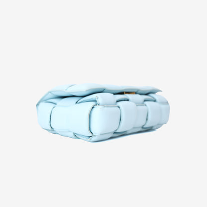 Bottega Veneta Padded Cassette Bag in Light Blue Woven Calf Leather with Gold Hardware
