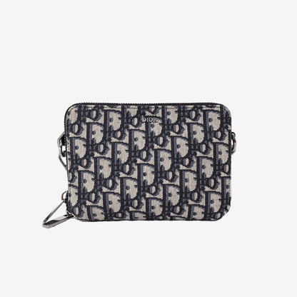 Dior Zipped Pouch in Blue Oblique Jacquard Canvas with Silver Hardware
