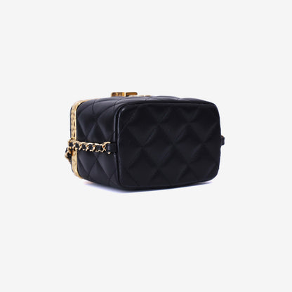Chanel Lock Frame Vanity Case with Chain in Black Lambskin Leather with Gold Hardware