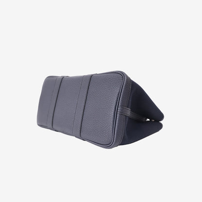 Hermès Garden Party 30 in Bleu Indigo Negonda Leather and Toile Canvas with Palladium Hardware bottom side view
