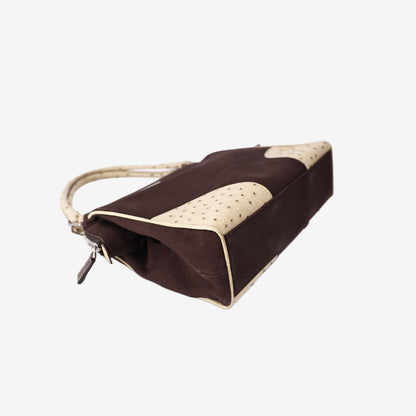 Prada Triangle Ostrich Shoulder Bag in Brown Canvas and Ostrich Leather