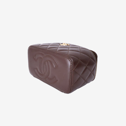 Chanel Vanity Case with Beaded Handle Box Bag in Brown Lambskin Leather with Gold Hardware