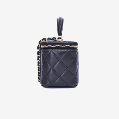 Chanel Vanity Case with Top Handle in Black Lambskin Leather with Gold Hardware side view
