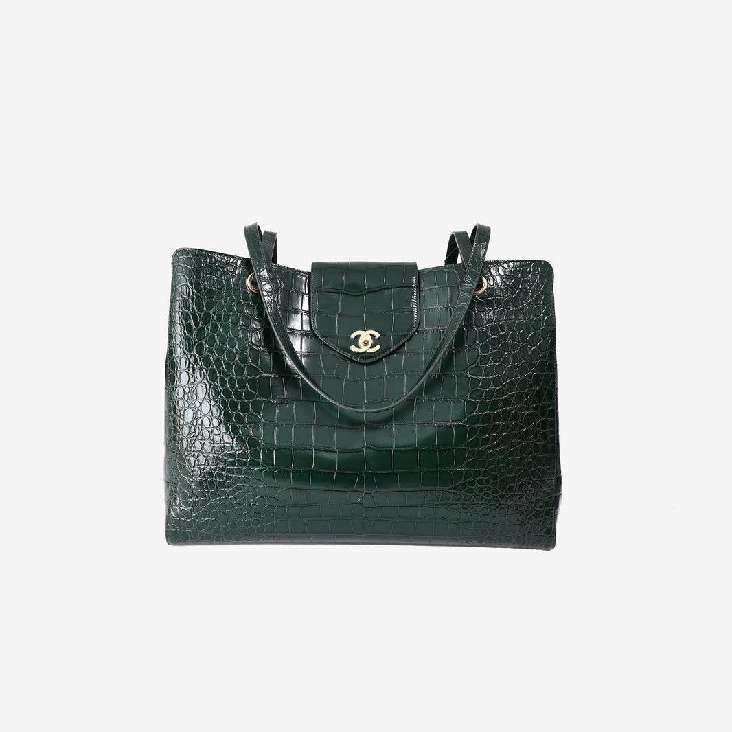 Chanel 26S Crocodile-Embossed Tote Bag in Dark Green Calfskin with Gold Hardware (Contact to Enquiry)