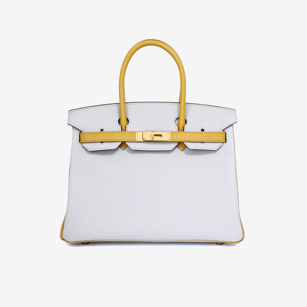 Hermès Birkin 25 in Gris Perle/Yellow Chevre Leather with Gold Hardware front view