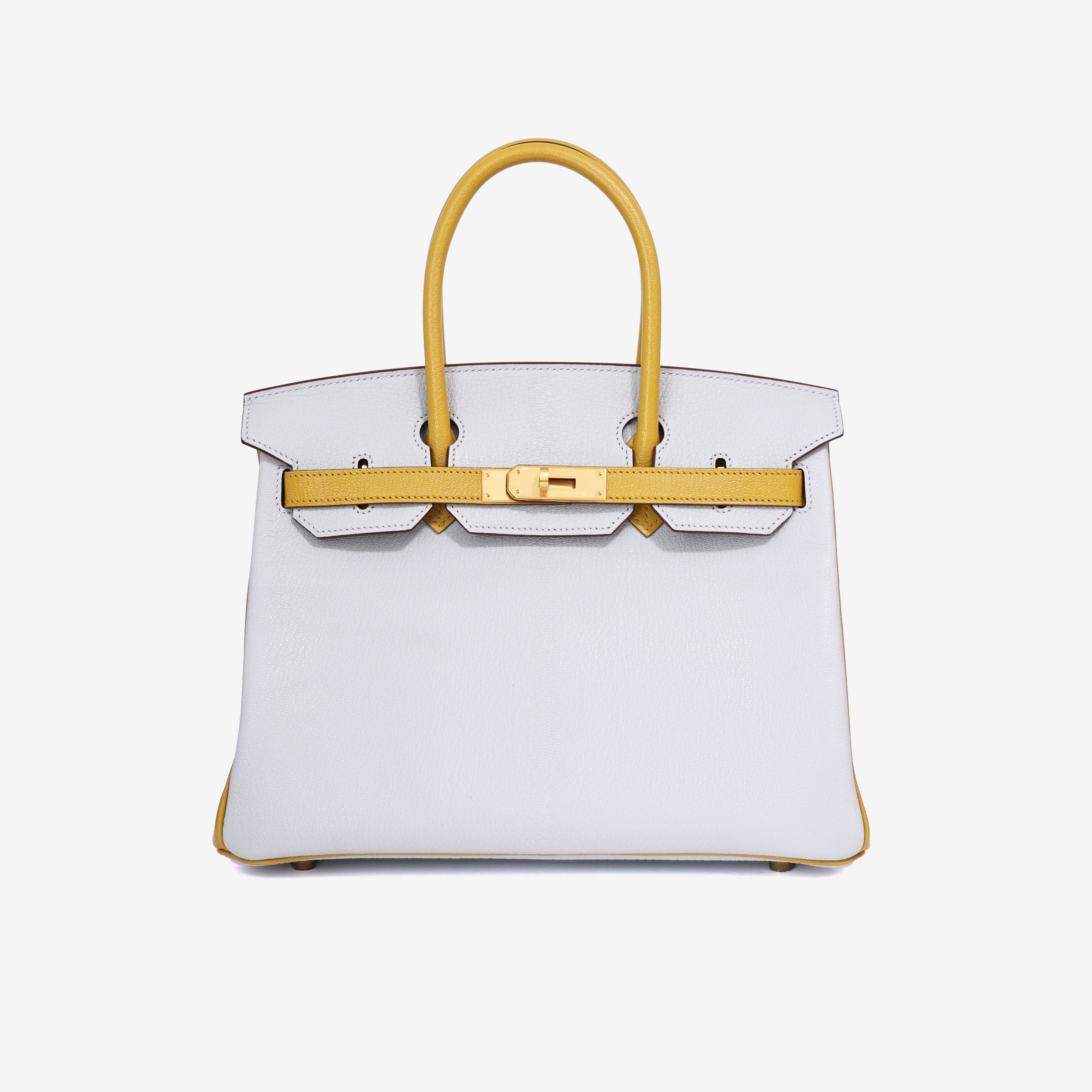 Hermès Birkin 25 in Gris Perle/Yellow Chevre Leather with Gold Hardware front view