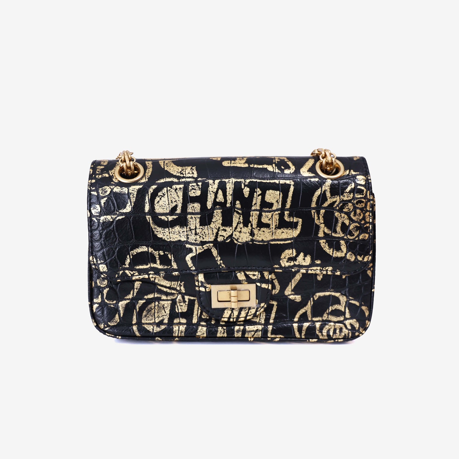 Chanel 2.55 Reissue 224 Graffiti Bag in Black Croc-Embossed Calfskin Leather with Gold Hardware front view