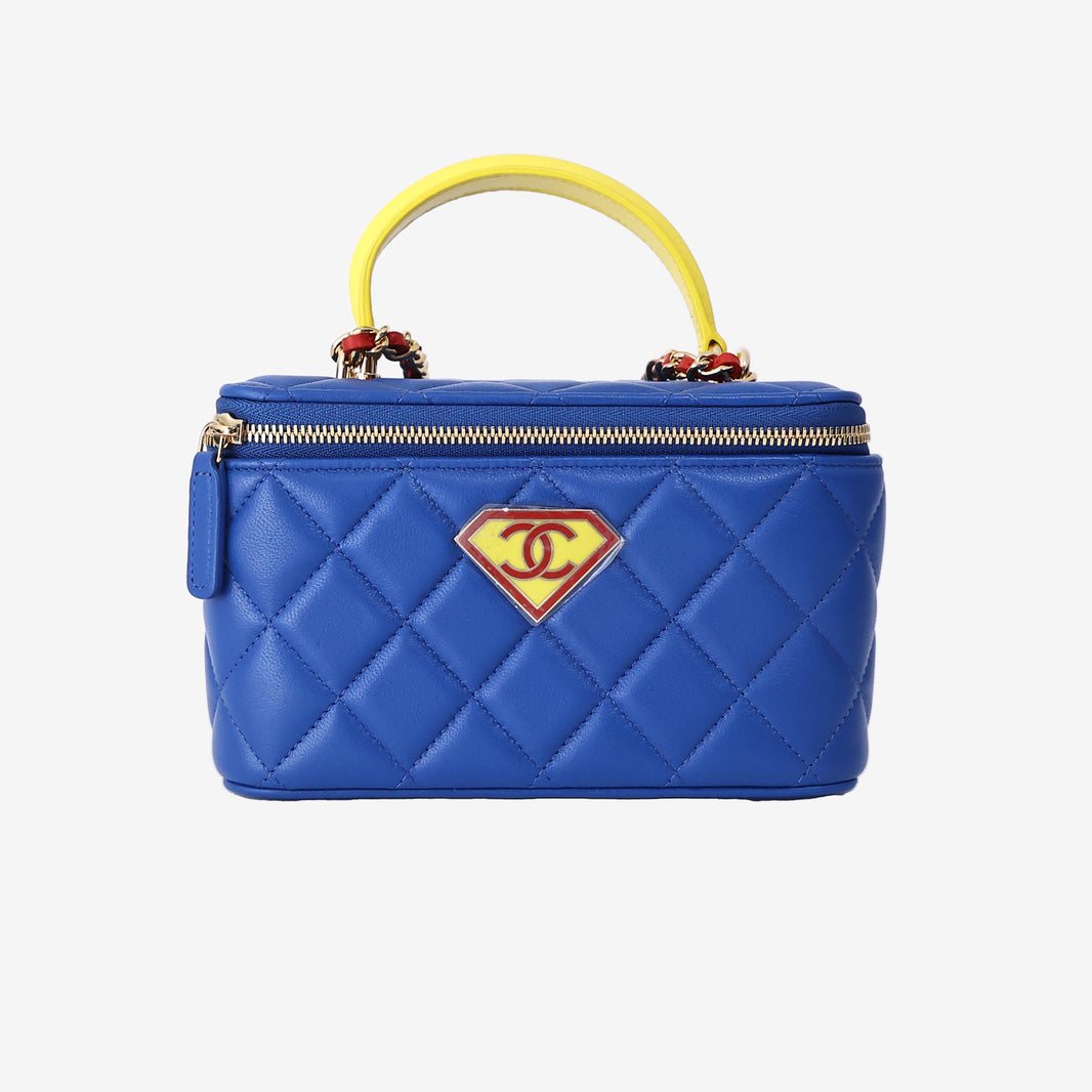 Chanel 26A Matthieu Blazy Superman x DC Vanity with Chain in Blue Quilted Lambskin with Yellow Enamel Logo Shield (Contact to Enquire)