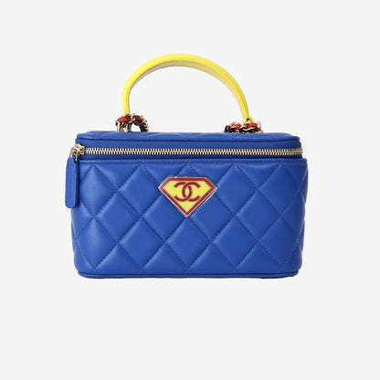 Chanel 26A Matthieu Blazy Superman x DC Vanity with Chain in Blue Quilted Lambskin with Yellow Enamel Logo Shield (Contact to Enquire)