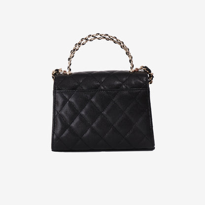Chanel Double Chain Top Handle Flap in Black Caviar Leather with Gold Hardware