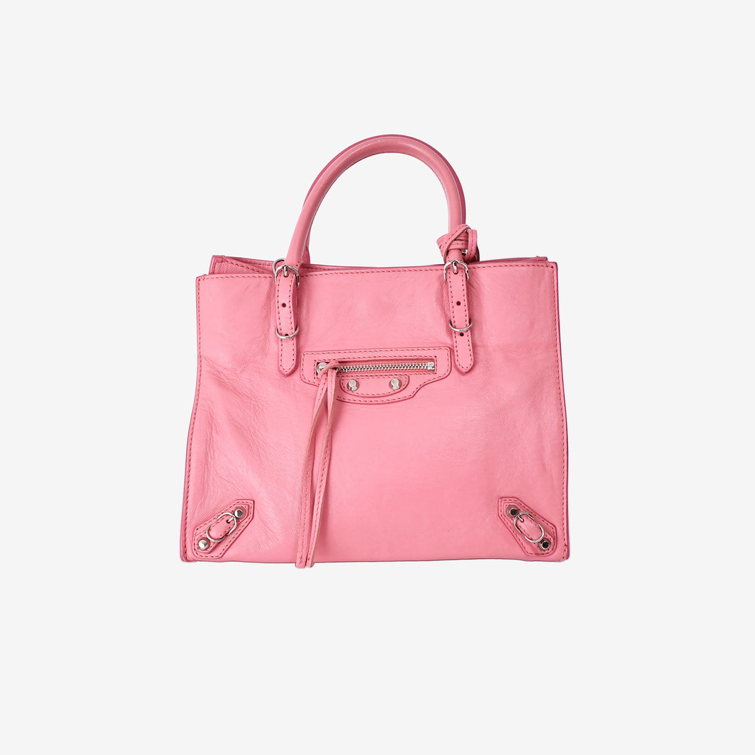 Balenciaga Papier Mini Glitter Distressed Lambskin Top Handle Crossbody Bag in Pink with Silver Hardware