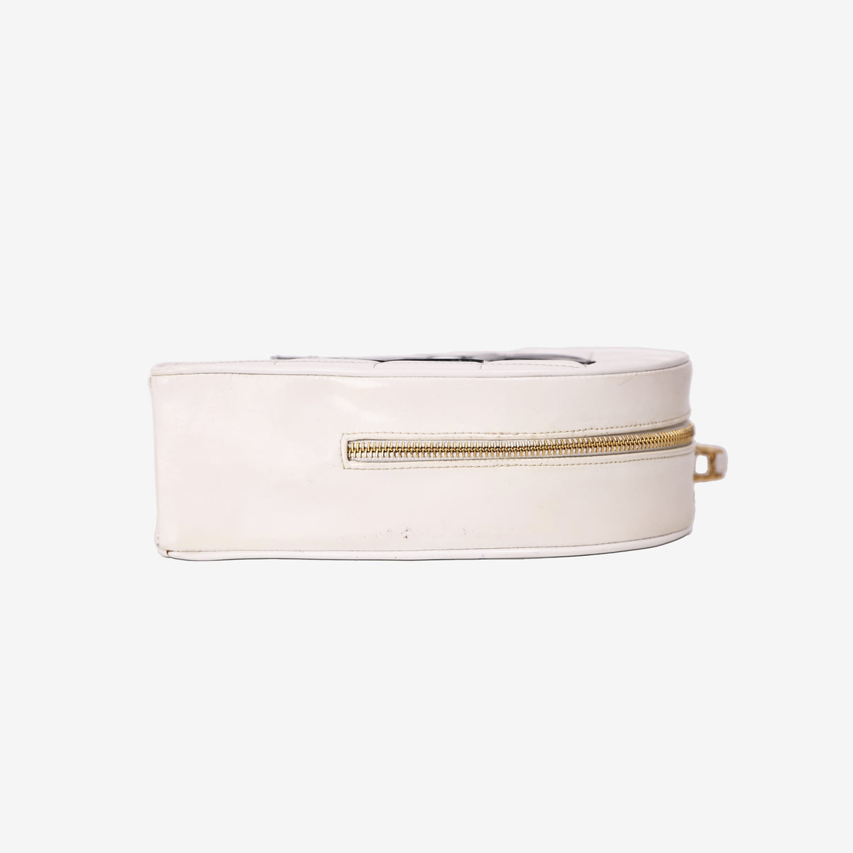 Chanel Vintage Heart-Shaped Vanity Bag in White Patent Leather with Gold Hardware bottom side view