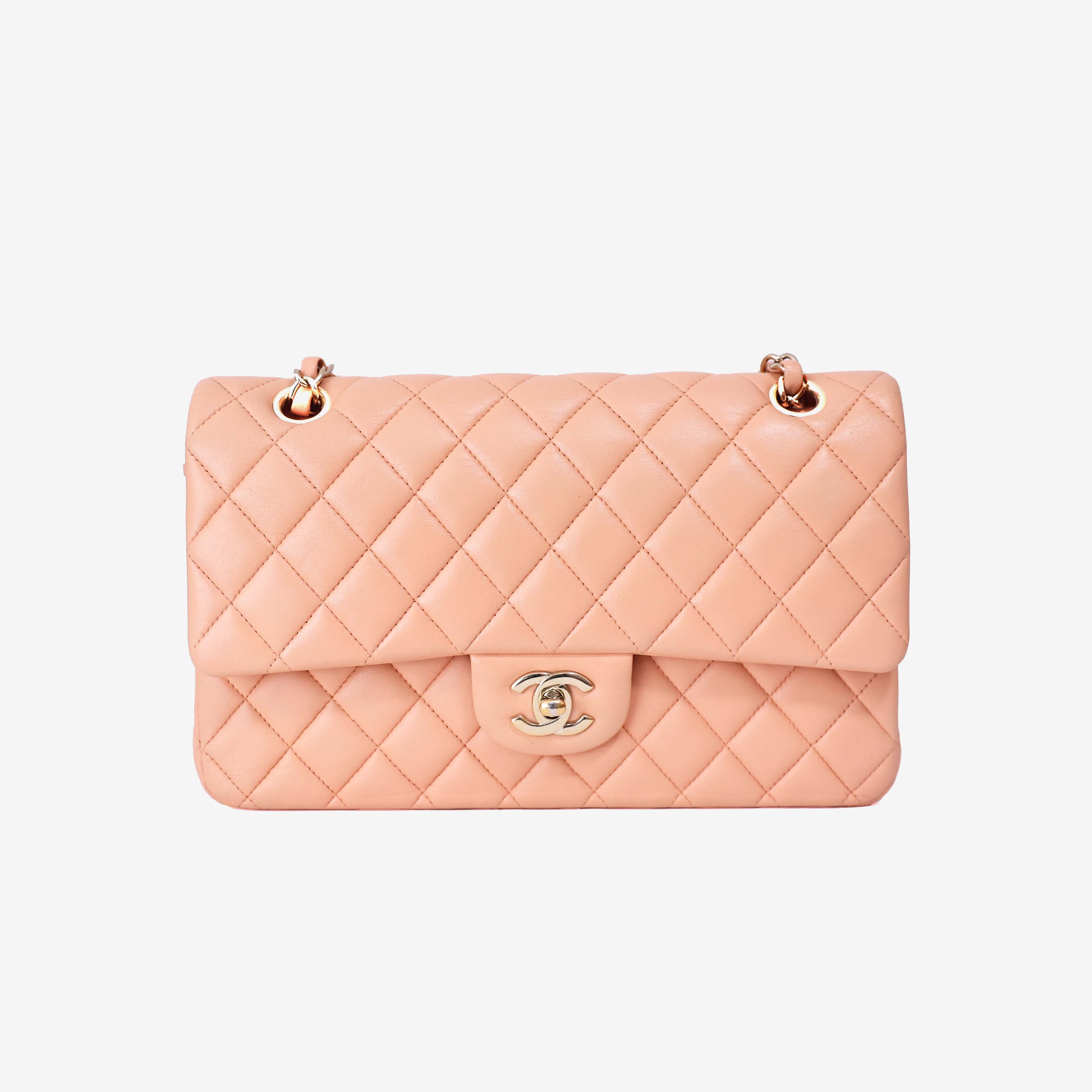 Chanel Classic Double Flap Medium Bag in Peach Lambskin Leather with Gold Hardware front view