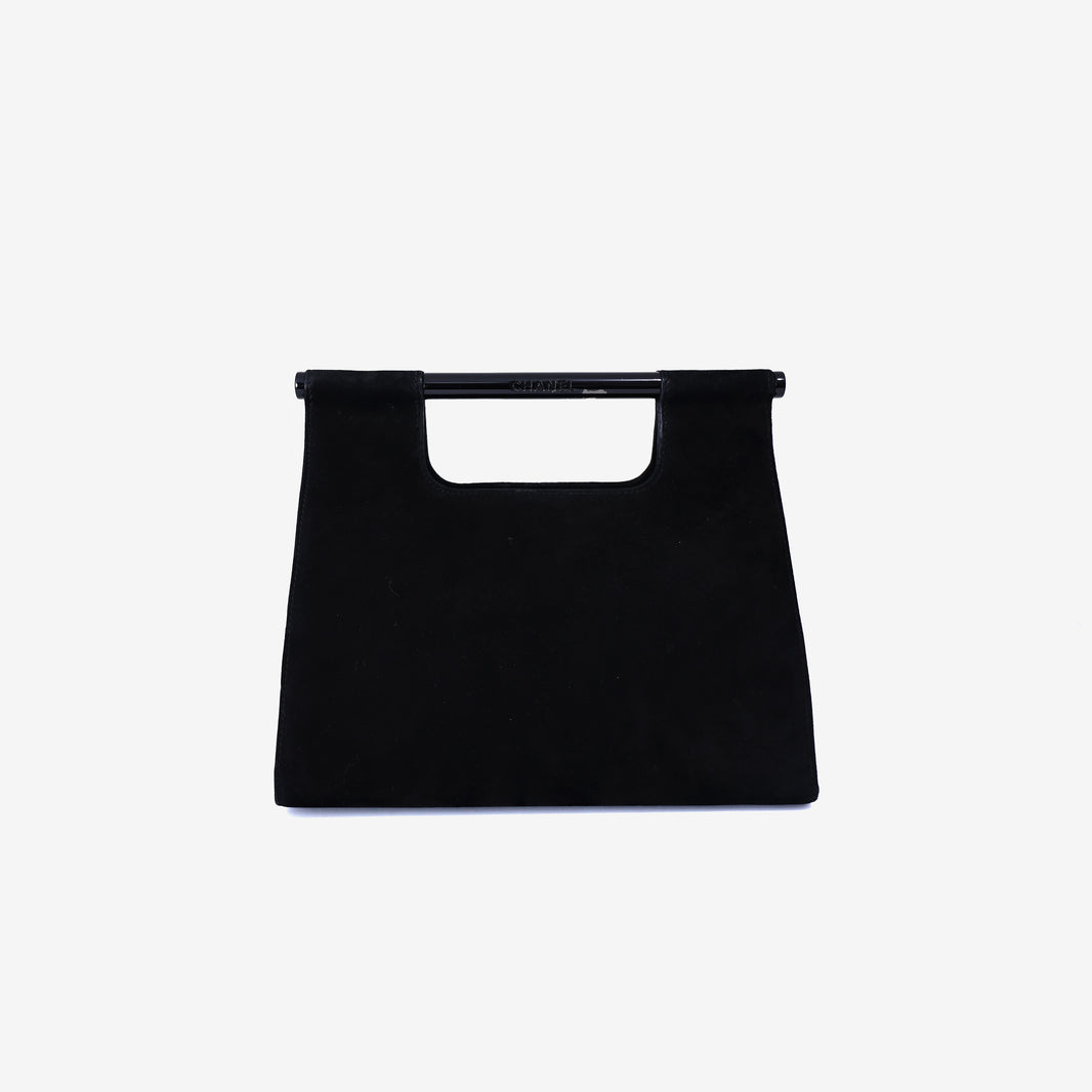 Chanel Vintage Structured Mini Handle Bag in Black Suede Leather front view