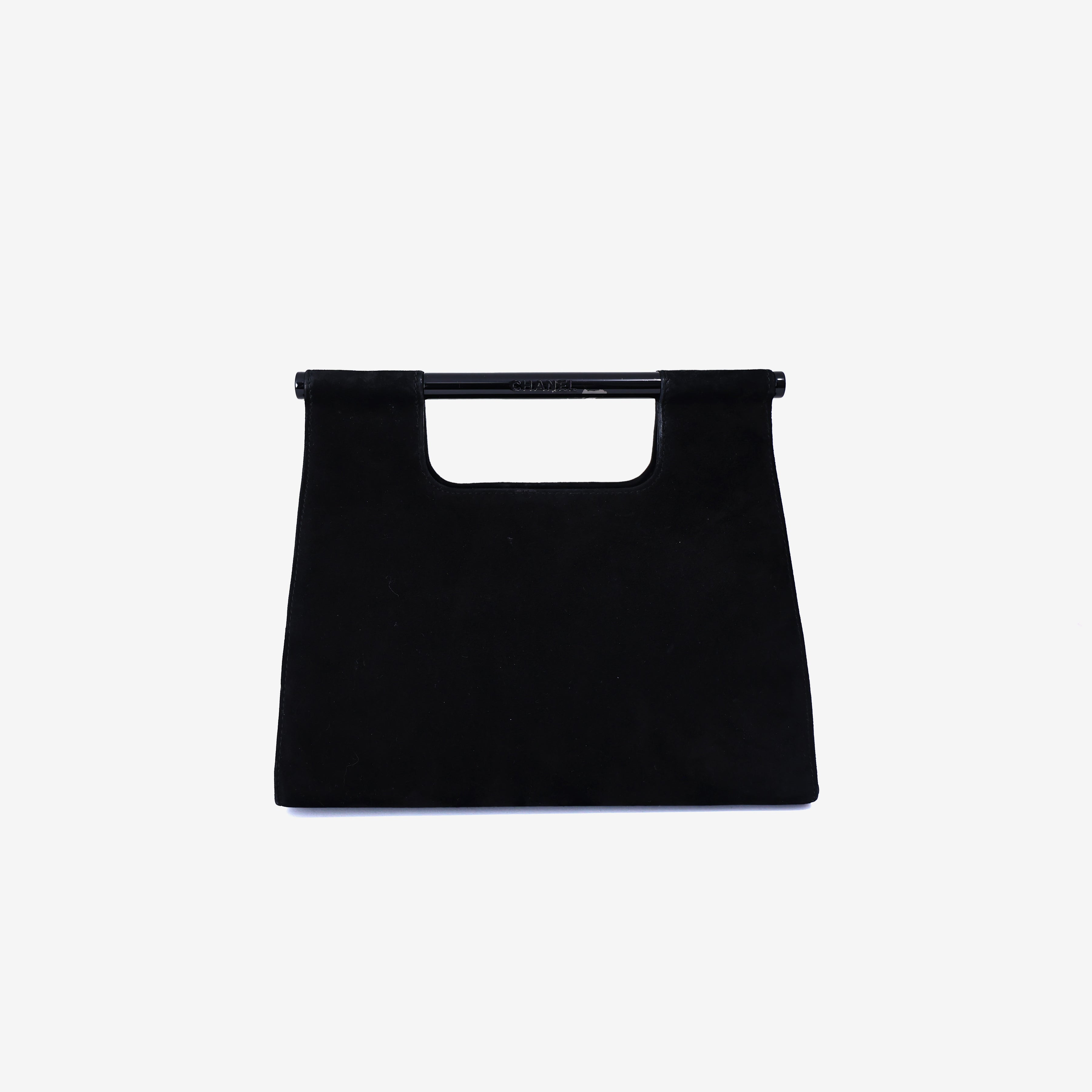 Chanel Vintage Structured Mini Handle Bag in Black Suede Leather front view