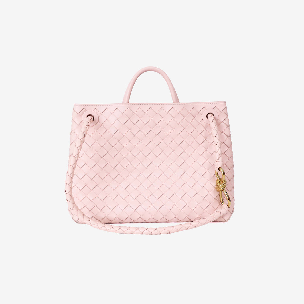 Bottega Veneta Medium Andiamo Bag in Light Pink Leather with Gold Hardware front view