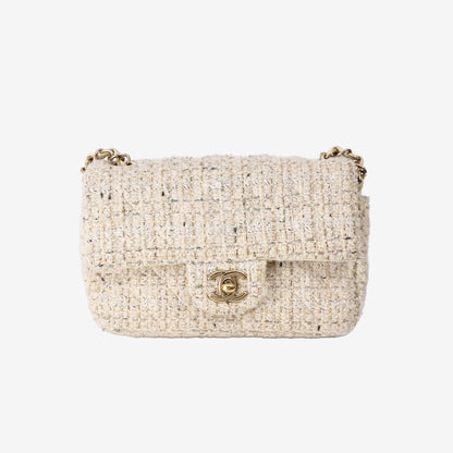 Chanel Tweed Quilted Mini Rectangular Flap Bag in Light Yellow Tweed with Gold Hardware