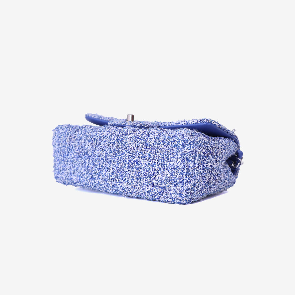 Chanel Mini Rectangular Flap Bag in Blue/White Tweed Leather with Silver Hardware bottom side view