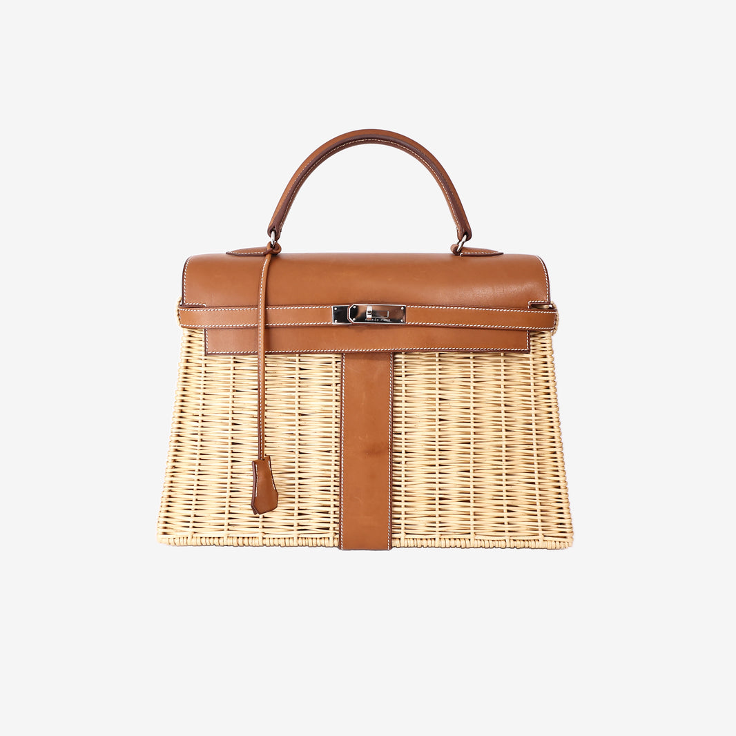 Hermès Kelly Picnic 35 in Osier Wicker and Fauve Barenia Leather with Palladium Hardware