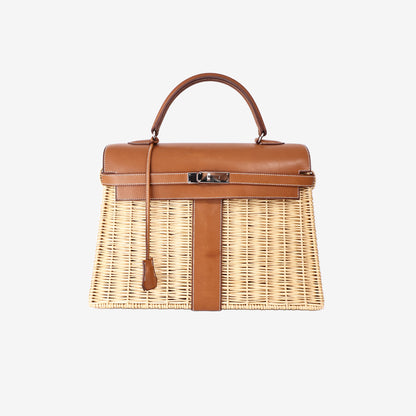 Hermès Kelly Picnic 35 in Osier Wicker and Fauve Barenia Leather with Palladium Hardware