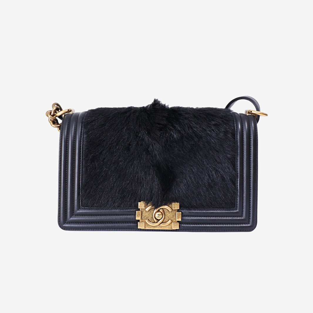 Chanel Boy Bag in Black Pony Hair Leather with Gold Hardware front view