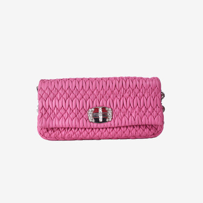 Miu Miu Crystal Shoulder Clutch Bag in Fuchsia Pink Nappa Lambskin with Silver Hardware