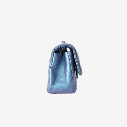 Chanel Mini Rectangular Classic Flap Bag in Iridescent Turquoise Blue Quilted Lambskin Leather with Silver Hardware