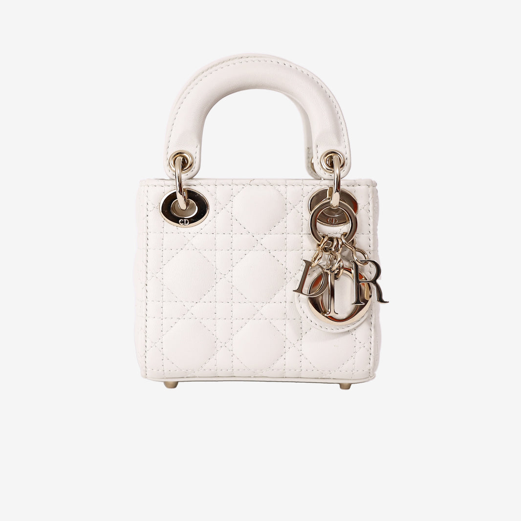 Christian Dior Mini Lady Dior Handbag in White Lambskin with Gold Hardware
