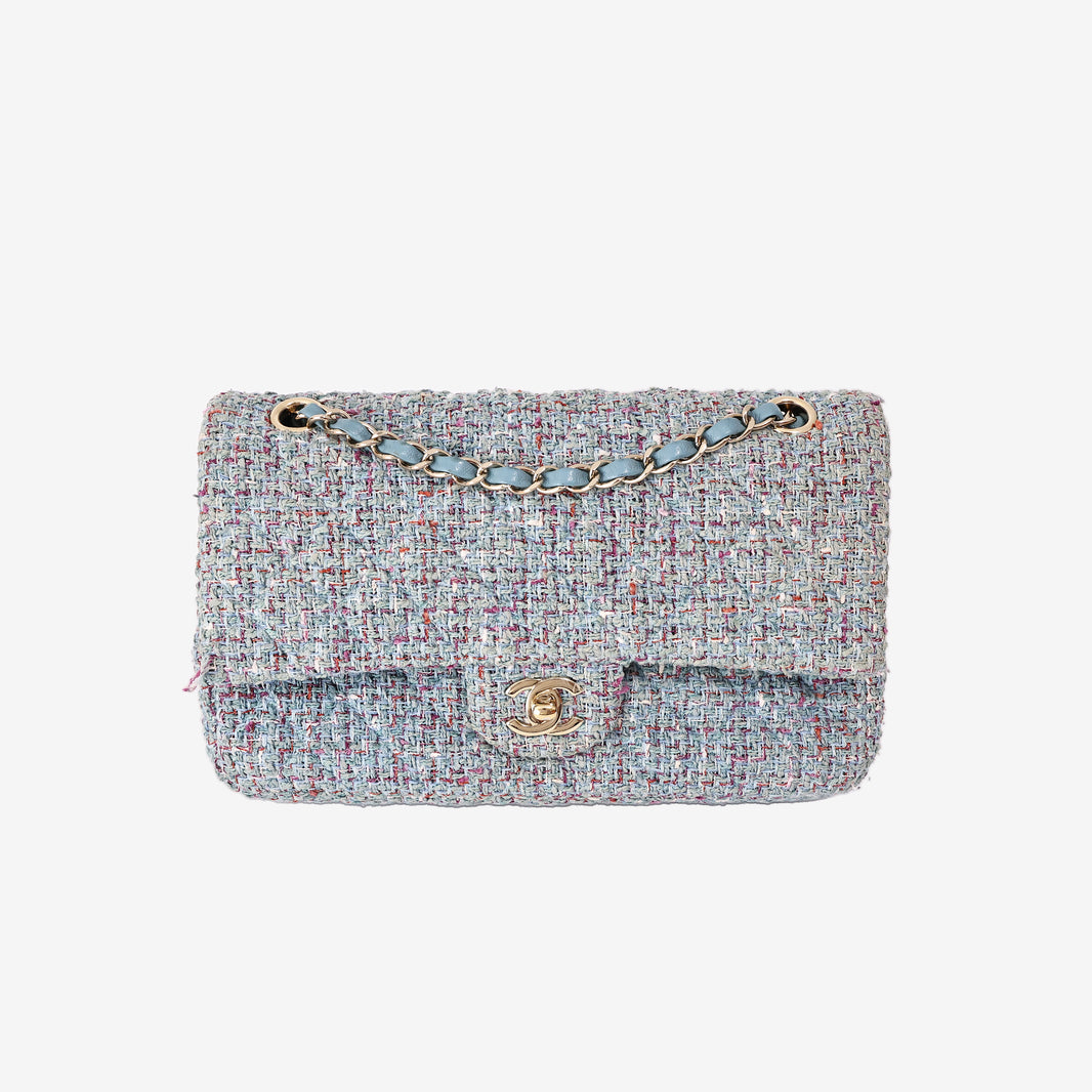 Chanel Classic Medium Double Flap Bag in Blue Tweed with Gold Hardware