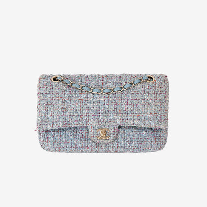 Chanel Classic Medium Double Flap Bag in Blue Tweed with Gold Hardware