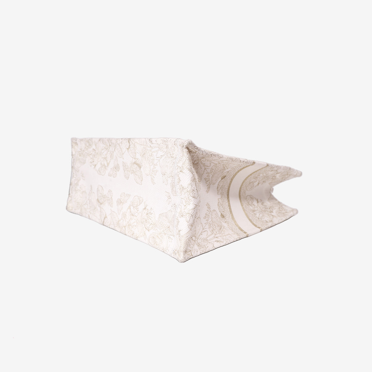 Dior Book Tote Medium in Latte Toile de Jouy Embroidered Cotton with Gold Detailing bottom side view