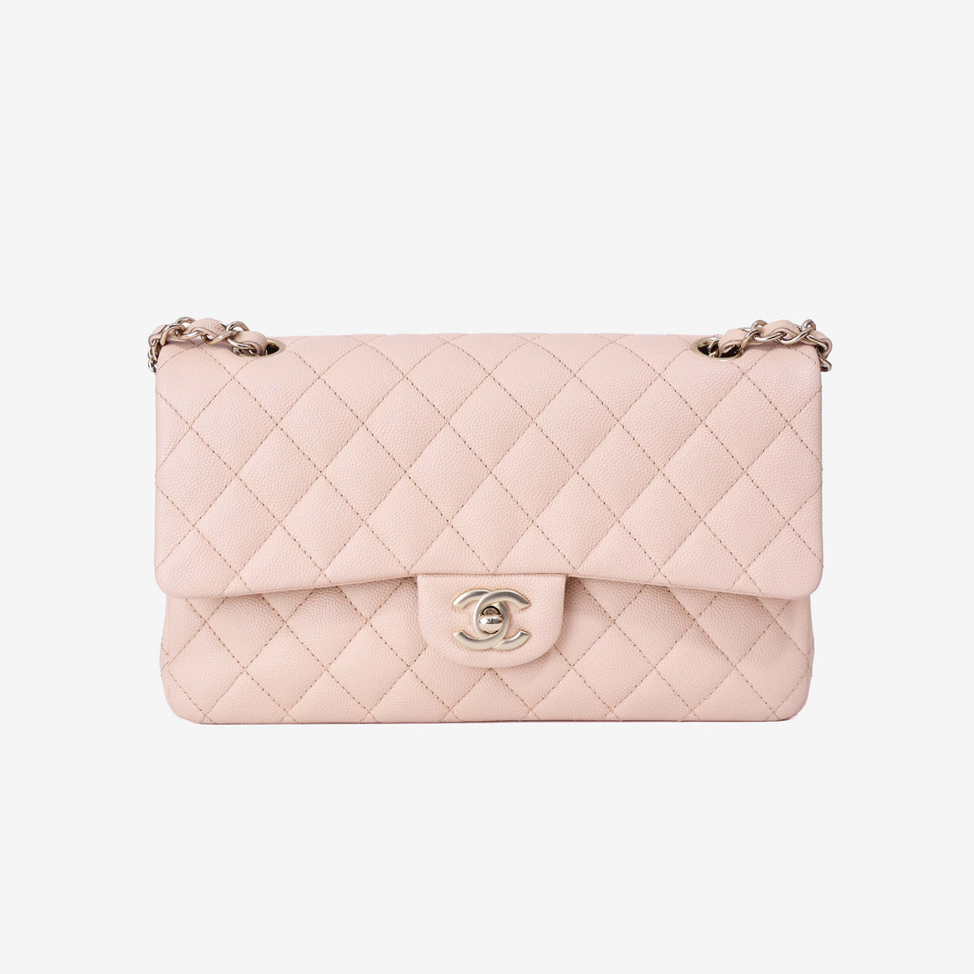 Chanel Classic Double Flap Medium Bag in Beige Clair Caviar Leather with Gold Hardware front view