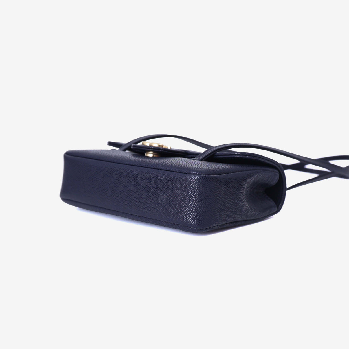 Chanel 26P Preppy Flap Mini in Navy Calfskin Leather with Gold Hardware bottom side view