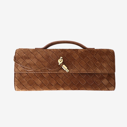 Bottega Veneta Andiamo Intrecciato Long Clutch in Brown Suede Leather with Gold Hardware