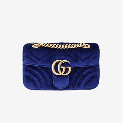Gucci Chevron Bag in Blue Velvet with Gold Hardware