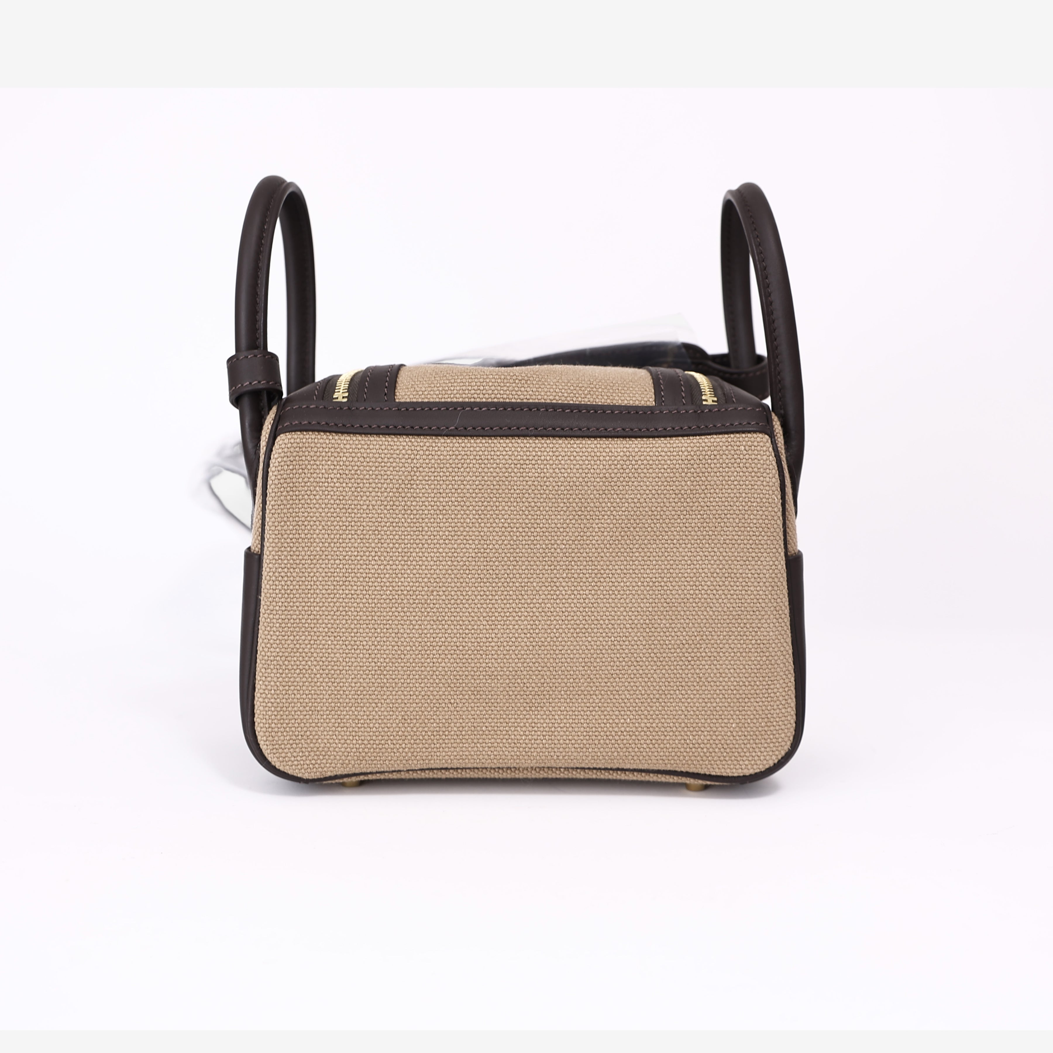 Hermès Mini Lindy Cargo in Ecru Toile Canvas and Ébène Swift Leather with Gold Hardware back view