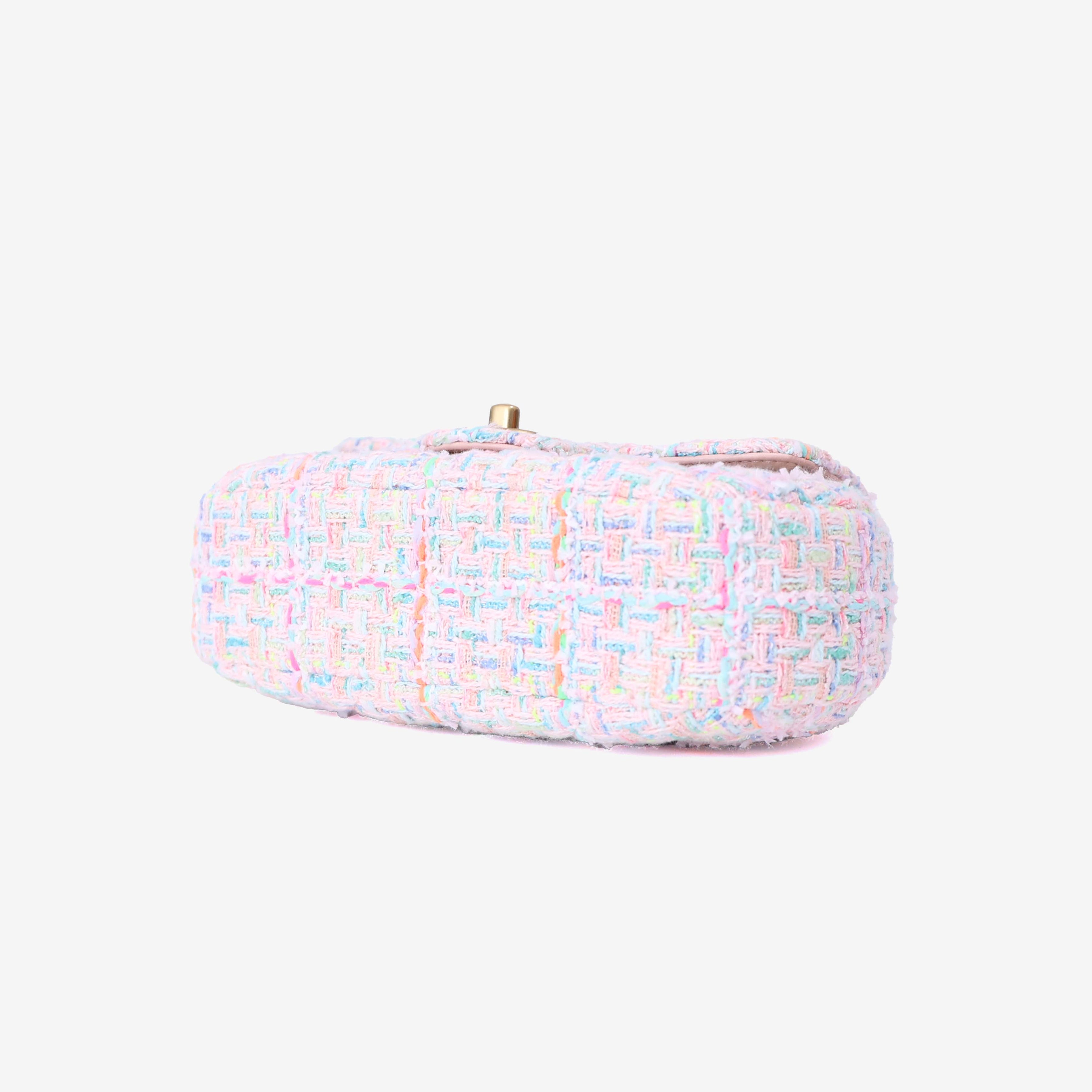 Chanel Mini Flap Bag with Top Handle in Pink Tweed Leather with Gold Hardware bottom side view