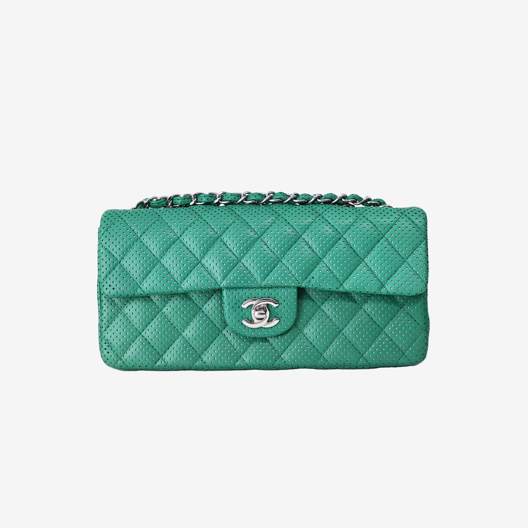 Chanel East/West Classic Flap Bag in Green Perforated Quilted Lambskin Leather with Silver Hardware