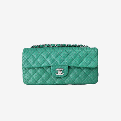 Chanel East/West Classic Flap Bag in Green Perforated Quilted Lambskin Leather with Silver Hardware