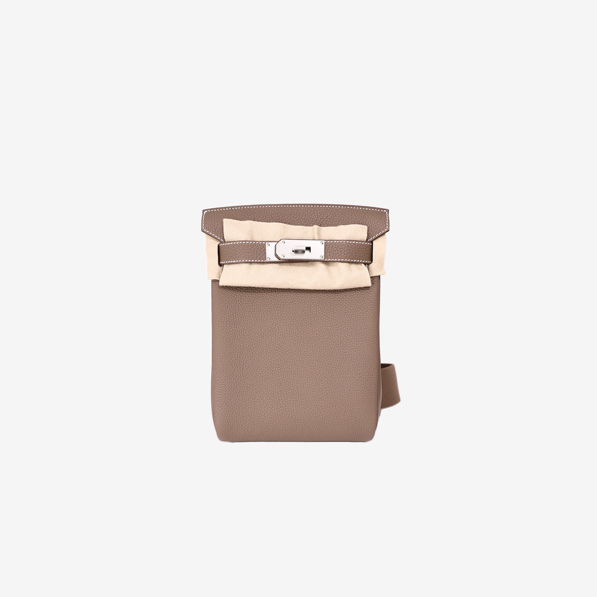 Hermès HAC à Dos PM in Etoupe Clemence Leather with Palladium Hardware front view